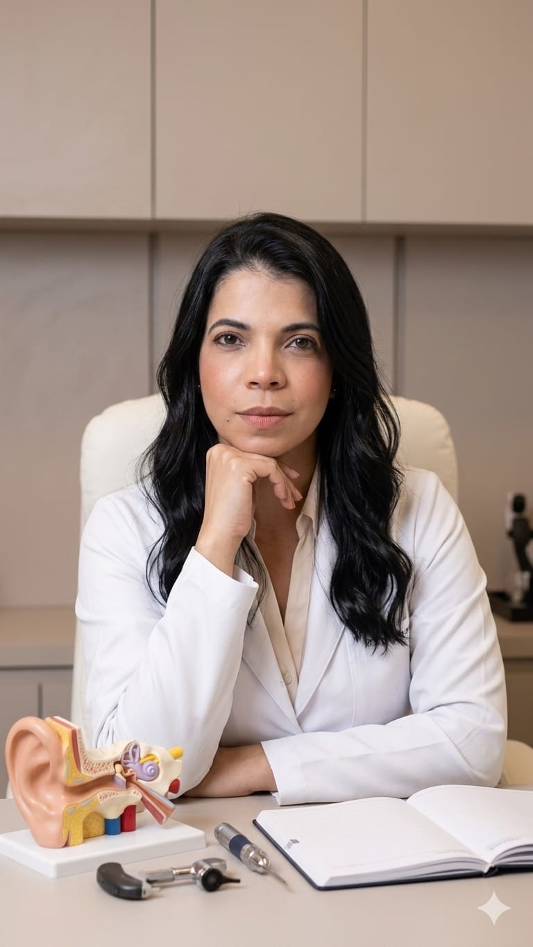 Roberta Paz, audióloga, en su consulta de A Coruña con modelo anatómico del oído